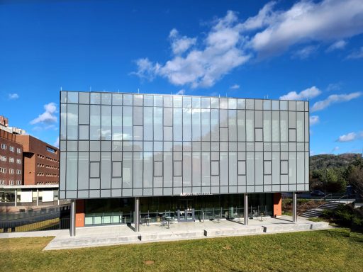Modern building with glass and expanded mesh in the facade with a clear blue sky and green lawn in the foreground.