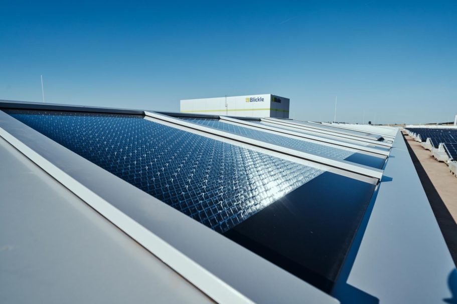 Blickle HQ, Rosenfeld, Germany Rooftop with solar panels under a clear blue sky.