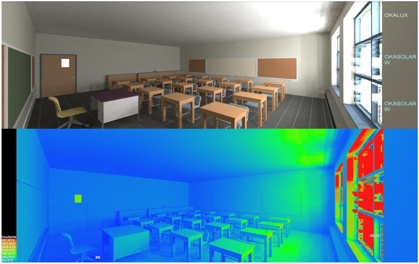 A classroom with desks and chairs, featuring a warm light and a cooler colour gradient.