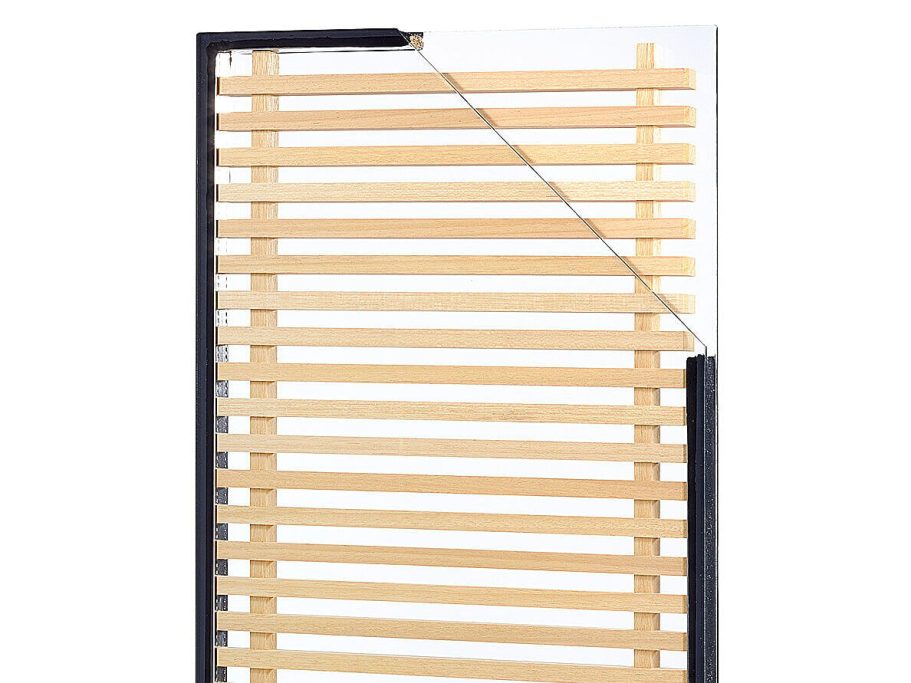 OKAWOOD Obeche Wooden slatted blind with a black frame, partially opened.