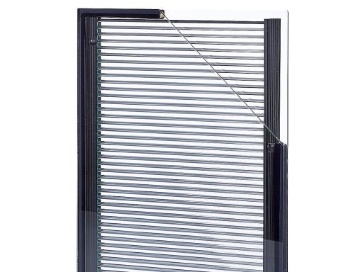 Vertical blinds with alternating slats in a light and dark pattern.