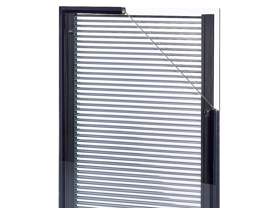 OKASOLAR F Vertical blinds in grey, partially open, with a sleek black frame.