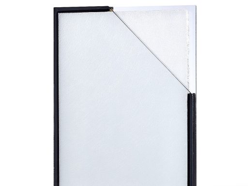 A clear, angled glass panel within a black frame.