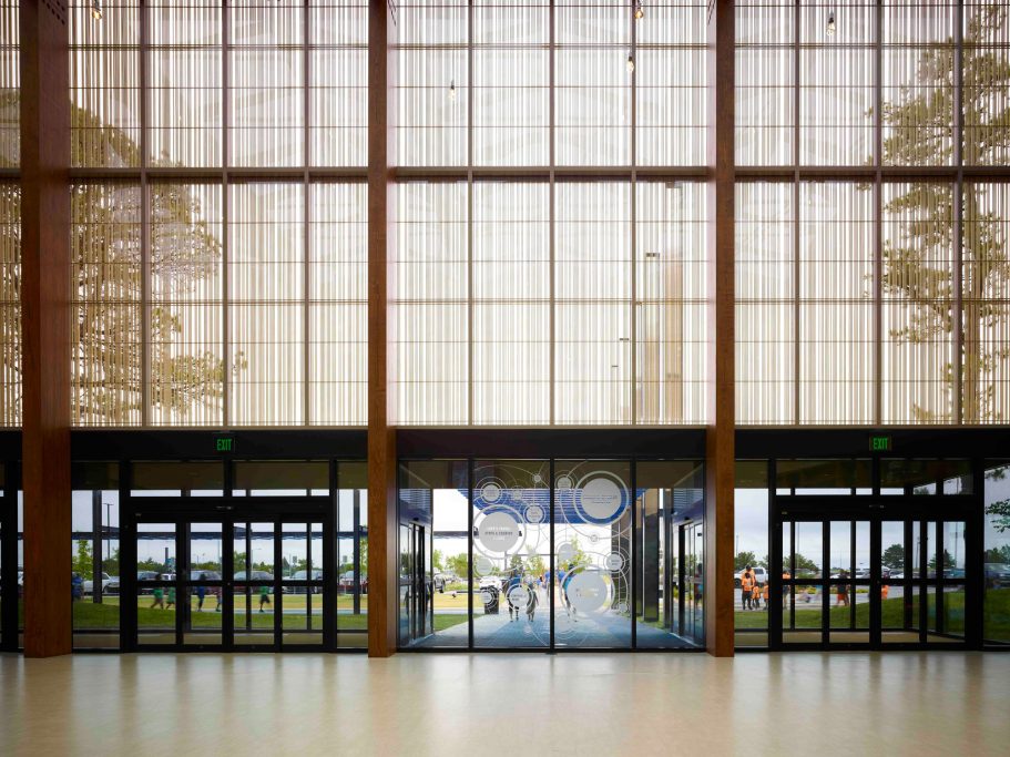 Oklahoma Science Museum Modern glass entrance with large windows and a spacious interior.