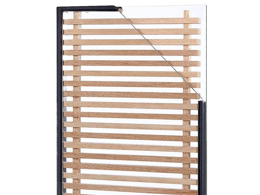 OKAWOOD White Serraya A wooden slatted screen with a black frame.