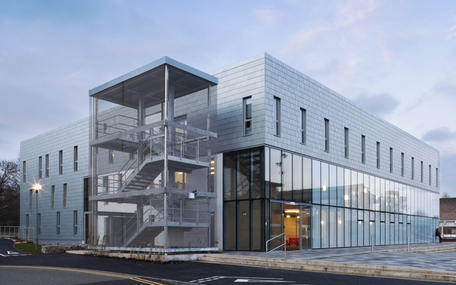 University of Kent, Jarman Building Modern building with reflective glass, metal cladding, and a prominent staircase.