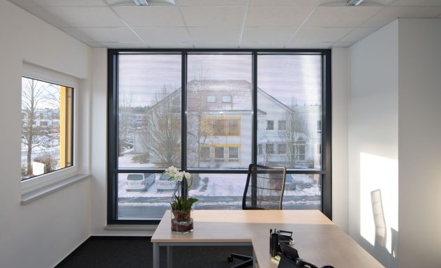 A bright office with a window view of snowy buildings and a desk with a plant.